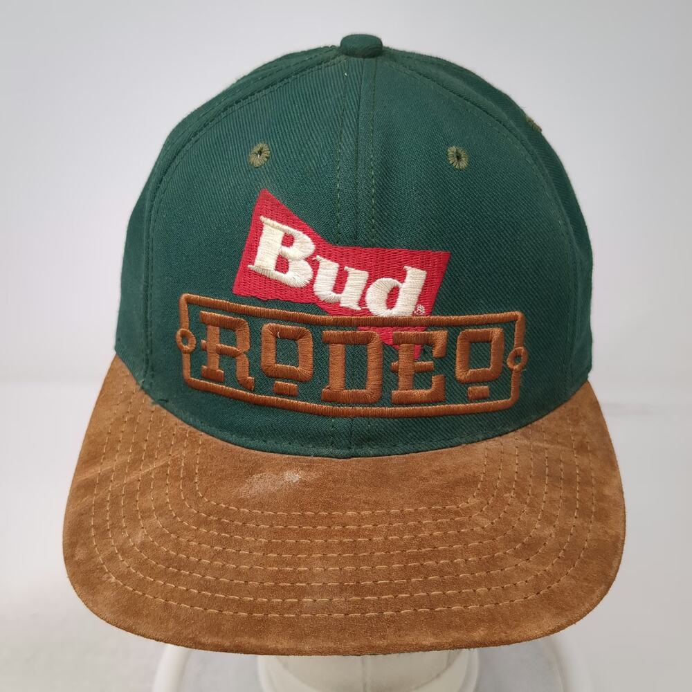 Budweiser Rodeo Baseball Cap Green OS Leather Strapback Suede Brim Hat Vintage - Picture 2 of 10